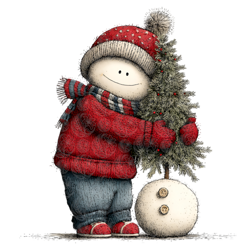 Snowman christmas tree held by round cheerful character in red winter outfit, Grey Barn Handwerk, Saskatchewan.